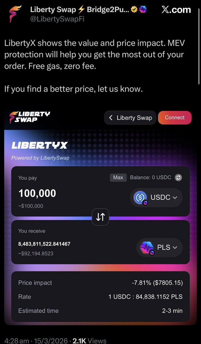 ❤️💛💚💙

LibertySwap has cool features.

✅ Free Gas Trades, ZERO FEE

Solves a lot of new user problems.

PulseChain has cool tech.