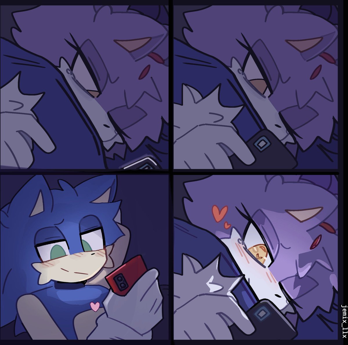 Day 391!💙💜
Keeping in touch... and despite the gap of space they are separated by, they never let their love dwindle.
Artwork by <a href="/jemix_llx/">jemix</a> 

#Sonaze