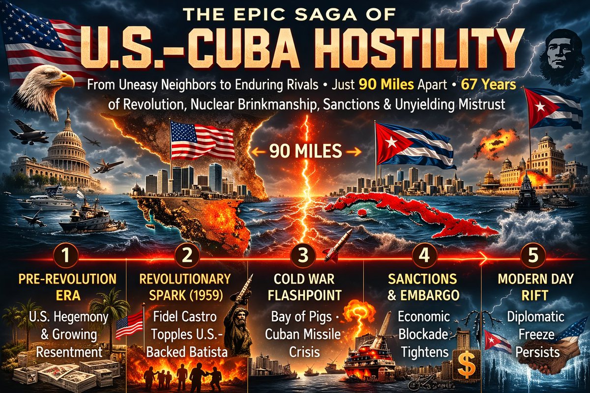 muncherT100's tweet photo. The Epic Saga of 🇺🇸 US - 🇨🇺 Cuba Hostility: From Uneasy Neighbors to Enduring Rivals. A thread🧵👇

For 67 years, the U.S. and Cuba have been locked in a bitter standoff. Born of revolution and sanctions, the 90-mile gap faces a 2026 turning point as Cuba’s grid fails and oil ties shift. #cuba