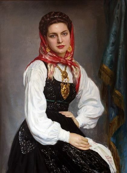 A Bride from Viana (20th century) by Henrique Medina.
Portrait of Maria Estela Velosa in traditional Viana bridal dress, oil on canvas. 🇵🇹