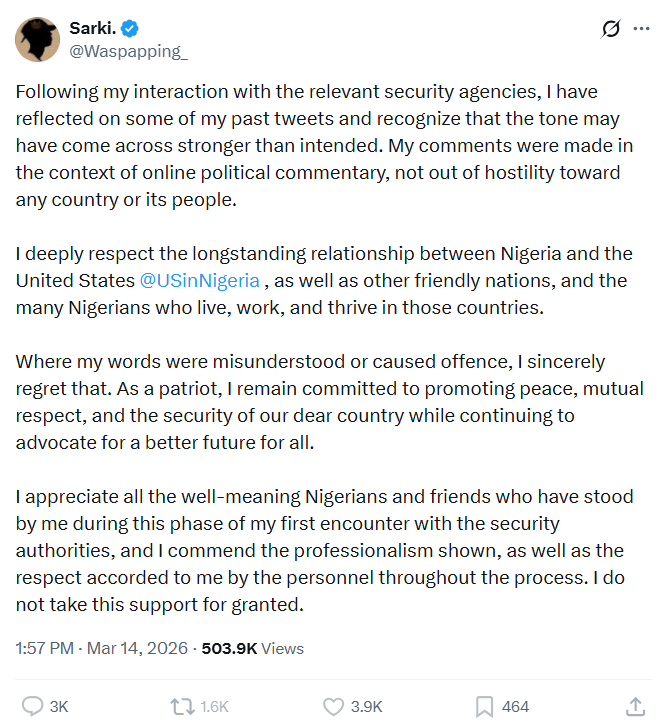 The Nigerian secret police are now arresting Nigerian citizens in Nigeria for saying things about the US and Israel on social media, and forcing them to publicly apologise to these foreign governments.

A 'sovereign, independent country'!

Wow.
