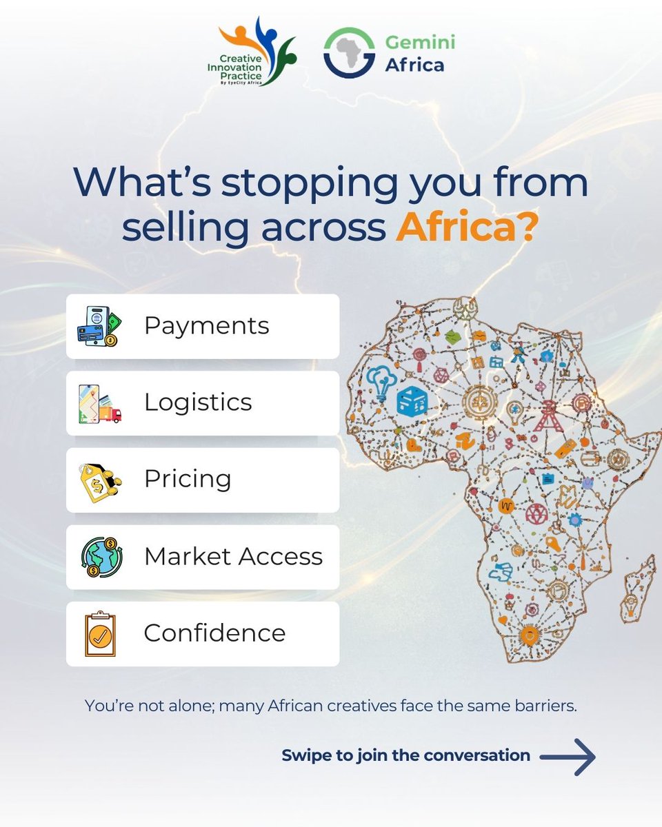 EyeCityAfrica's tweet photo. Let’s have an honest conversation.

What is the biggest barrier stopping you from selling across African borders?
A. Payments
B. Logistics
C. Pricing
D. Market access
E. Confidence

Drop your answer in the comments.

At Bridging Borders: Creative Entrepreneurship Across Africa, we are addressing these exact barriers head-on.

No assumptions, just solutions. Join us and move from hesitation to action.
Date: Wednesday 18th March 2025
Time: 9:00-10:30 AM (GMT)
Location: Zoom

Register now: https://t.co/Rnb1J8dTCC

#BridgingBorders #EyeCityAfrica #GeminiAfrica #CreativeEntrepreneurship #AfricanCreatives