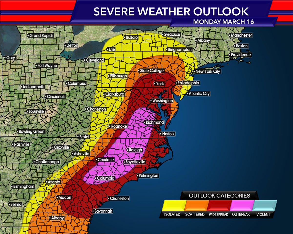 *MONDAY'S SEVERE WEATHER OUTBREAK OUTLOOK* 

We could be looking at a full fledged severe weather outbreak in parts of the Mid-Atlantic as an intense low pressure system with significant wind energy pushes east of the Appalachian Mountains on Monday. While CAPE values remain