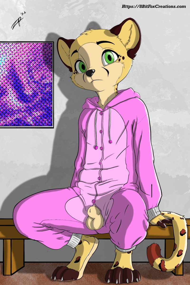 Cute cheetah getting ready for bed. but he wanted to show off his new onsie to his friends first. #furry #anthro #feline #leopard #cheetah #onesie #pinkclothing #lounging #relaxedpose #sheath #balls #photoshoot annon commission