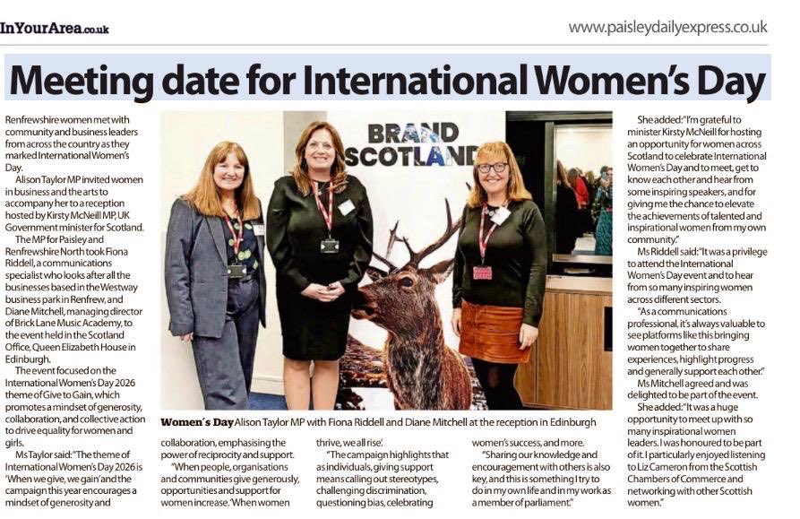 Alison_S_Taylor's tweet photo. #PaisleyDailyExpress on #IWD26 event last week, with guests from the business community and culture community. 

#PaisleyRenfrewshireNorth 
#BrickLaneMusicStudios 
⁦@WestwayPark⁩ 
#culture #business #giveandgain https://t.co/4zDYvmZiOH
