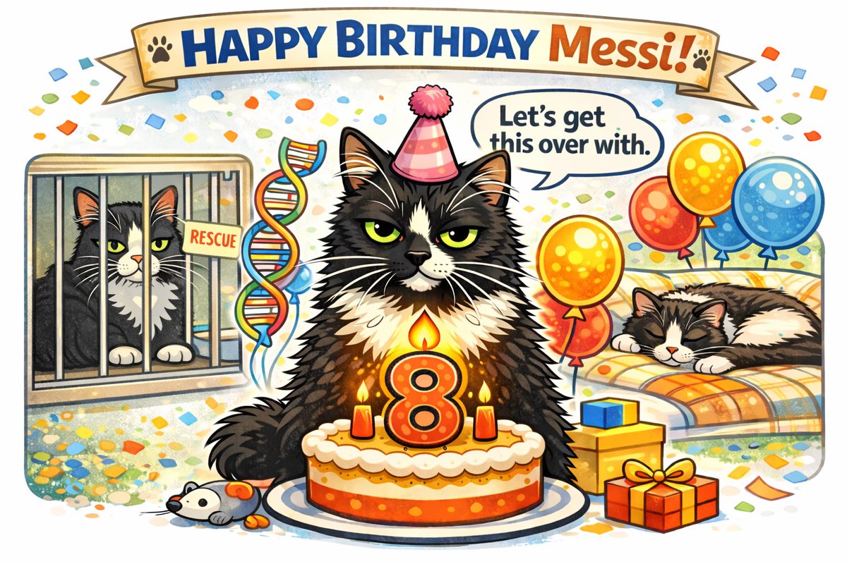 doppeldata's tweet photo. Eight years old today and still entering every room like she owns the genome. Happy birthday Messi. Rescue cat. Tuxedo icon. Genetically incapable of a bad entrance. #HappyBirthday #Messi #TuxedoCat #RescueCat #Cat #Genetics https://t.co/RLaTKBgtOb