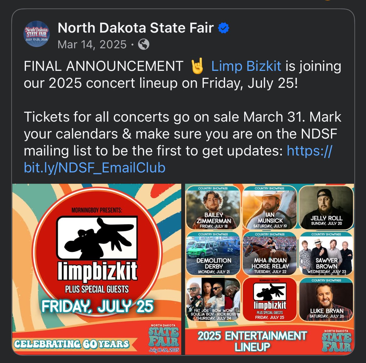 hi <a href="/NDStateFair/">North Dakota State Fair</a> it’s me again, just wanted to let you know that all the concerts were announced by this time last year ⌛️