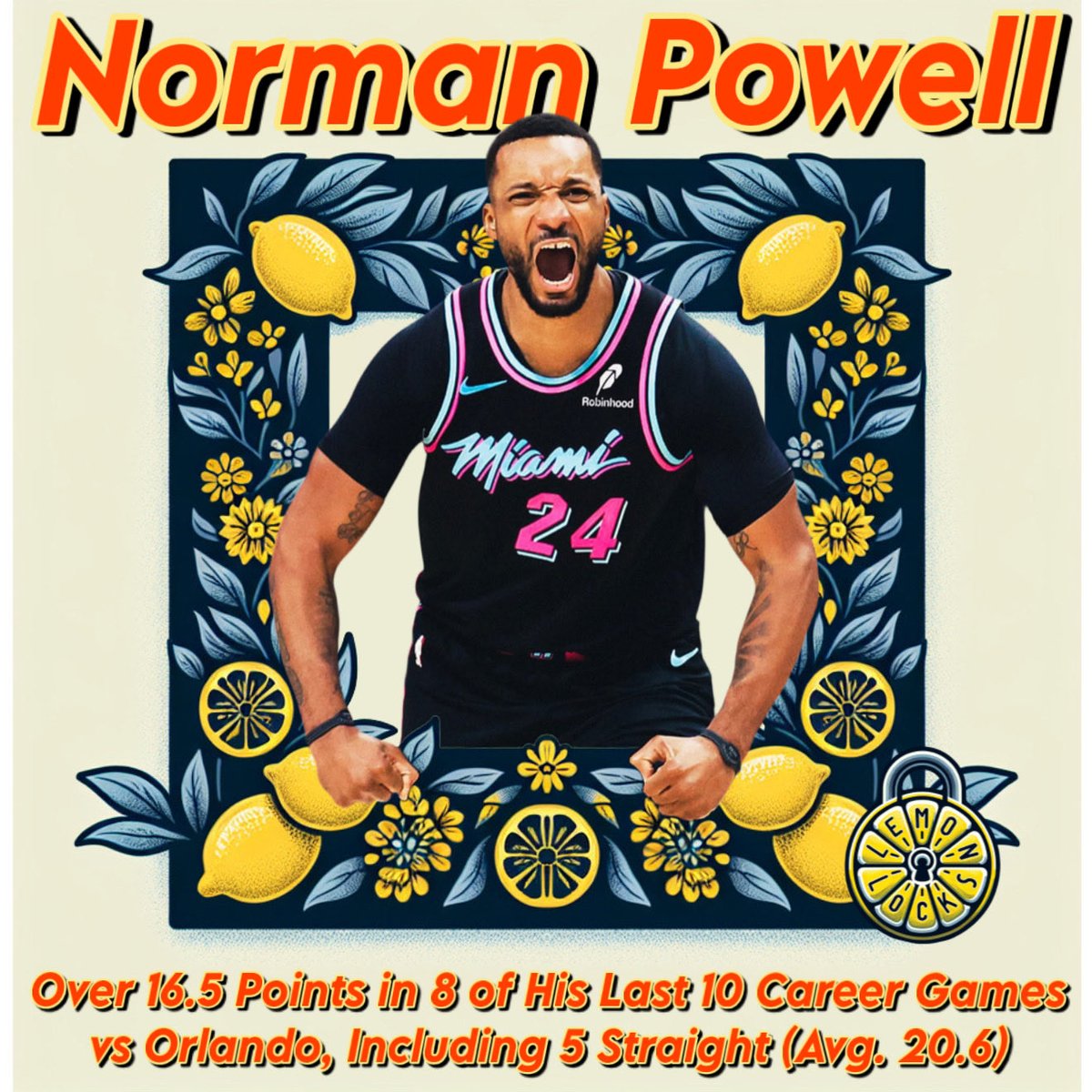 lemonlocksbets's tweet photo. π¨π TODAYβS FREE #LemonLock ππ:
π - Norman Powell will score OVER 16.5 points vs the Orlando Magic
(ORL @ MIA) (-120)
(GAME STARTS @ 8:00PM)
Powell: 17+ points in 9 of his last 10 home games, including 9 straight (Avg. 23.9) https://t.co/ra7Fqn8K3v