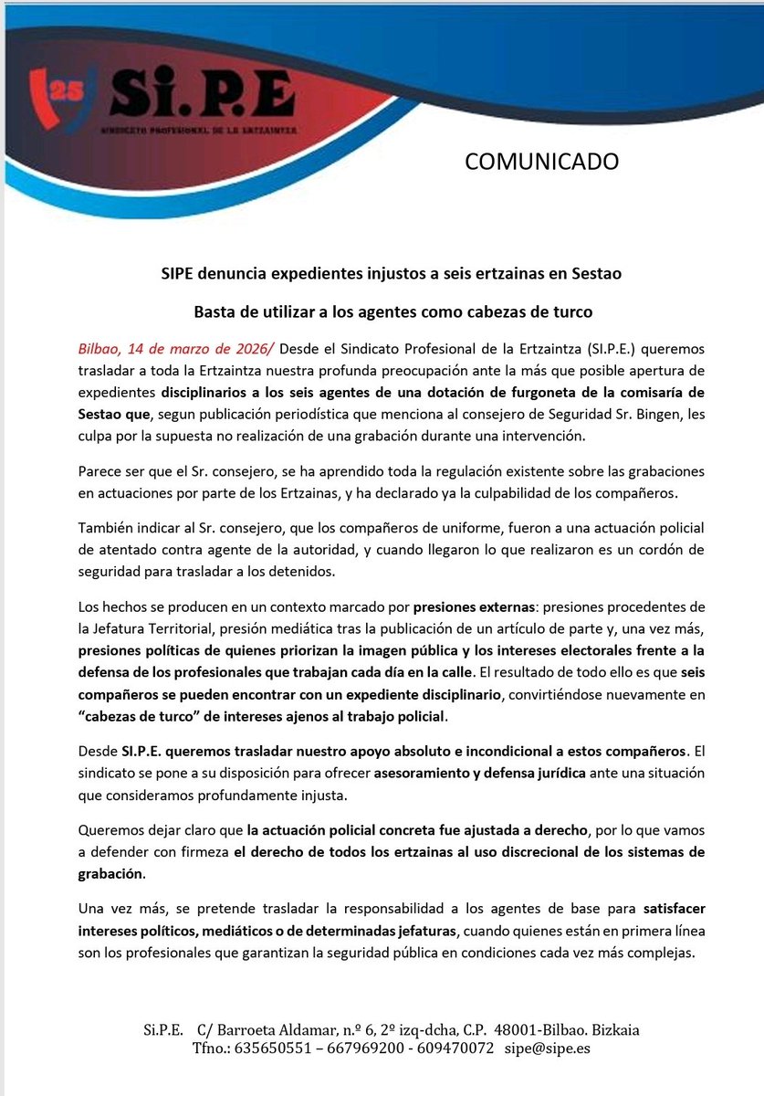 sipertzaintza's tweet image. #SiPE denuncia la posible apertura de expedientes disciplinarios injustos contra 6 ertzainas de Sestao
Basta de convertir a los agentes en cabezas de turco por presiones políticas o de determinadas jefaturas
Todo nuestro apoyo a los compañeros. Defenderemos sus derechos #VotaSiPE