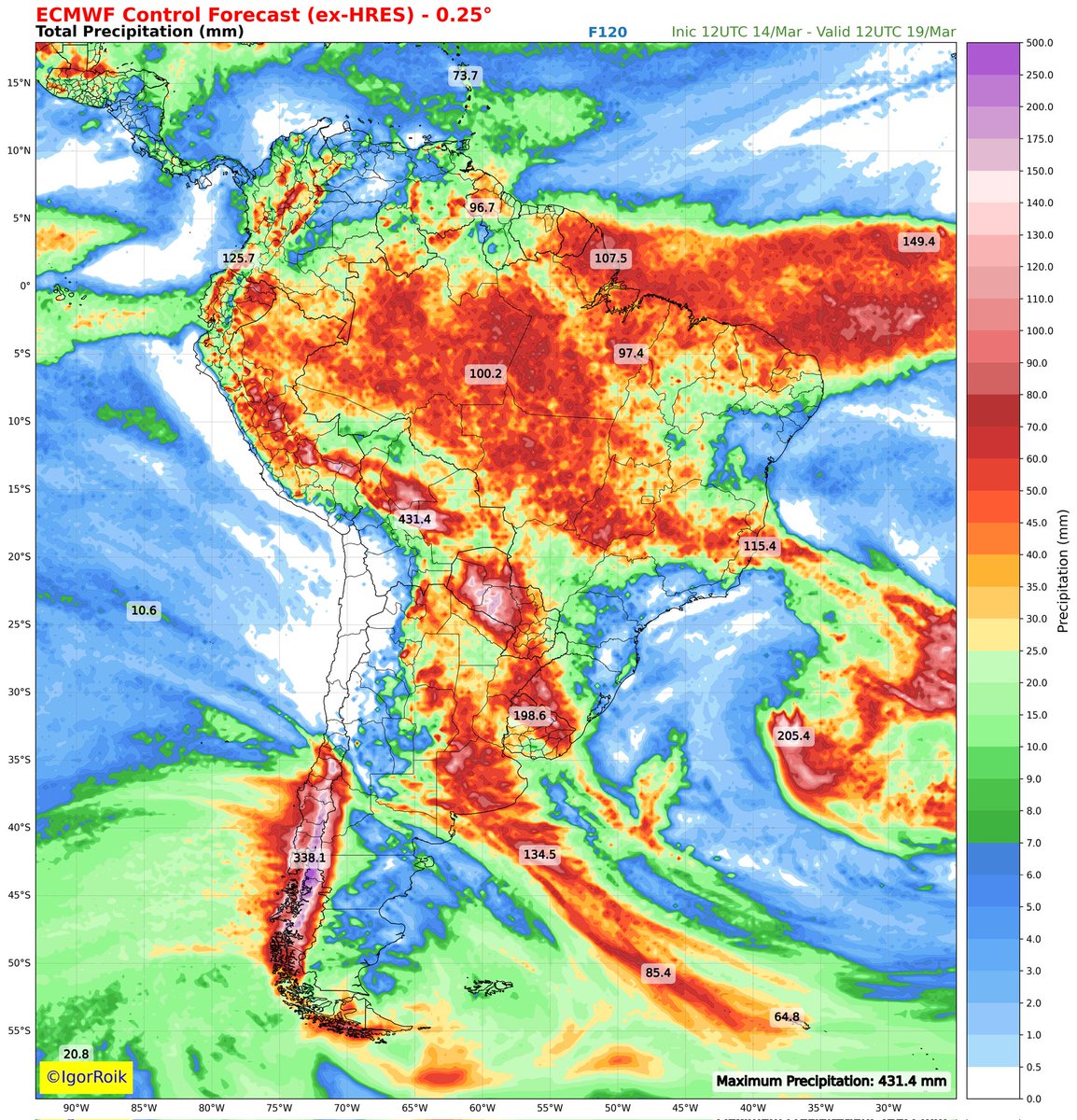 Volume de chuva previsto nas próximas 48 e 120h conforme última atualização do modelo ECMWF.