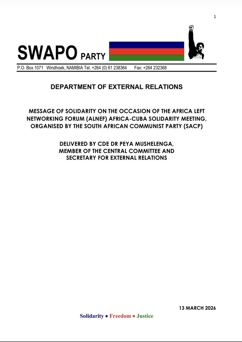 svigoa1's tweet photo. We thank Cde Peya Mushelenga who expressed a message of solidarity from the @SWAPONamibia on the occasion of the Africa Left Networking Forum held in South Africa @NShaningwa @SWAPOPRESIDENT @DiazCanelB https://t.co/0IHWZnsiEe