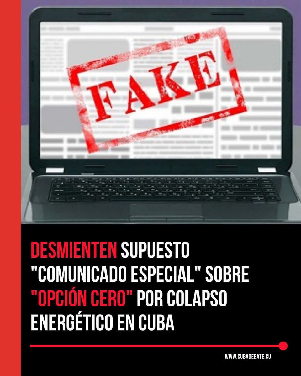 🔴 Desmienten supuesto "Comunicado Especial No. 1 del Estado Mayor Nacional de la Defensa Civil" que alerta sobre una presunta "Opción Cero" por colapso energético en el país.
ℹ️ ✍️ Cubadebate
<a href="/JuanBertico/">Juan Alberto Rodriguez</a>