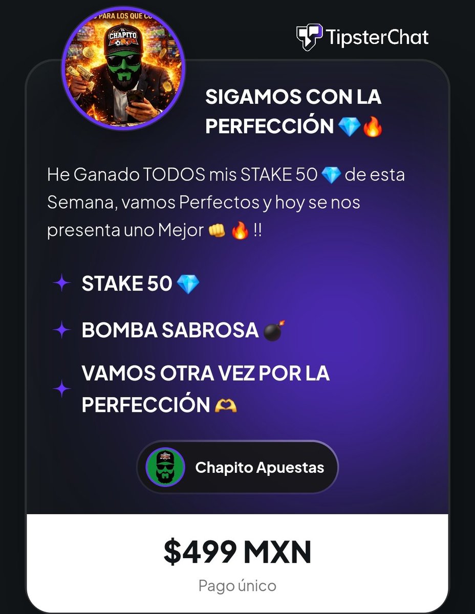 ChapitoApuestas's tweet photo. 🚨| LISTO EL STAKE 50 DE HOY 💎 !!

Sigamos con la PERFECCIÓN Chingones 🔥 !!

He Ganado TODOS MIS STAKE 50 DE ESTA SEMANA ✅️💎 !!

Y el de hoy, es una verdadera JOYA. 

¿Vas a querer Ganarlo conmigo otra vez? 👇❤️

https://t.co/VUxsbMYdGI https://t.co/nJB2XVzZx3
