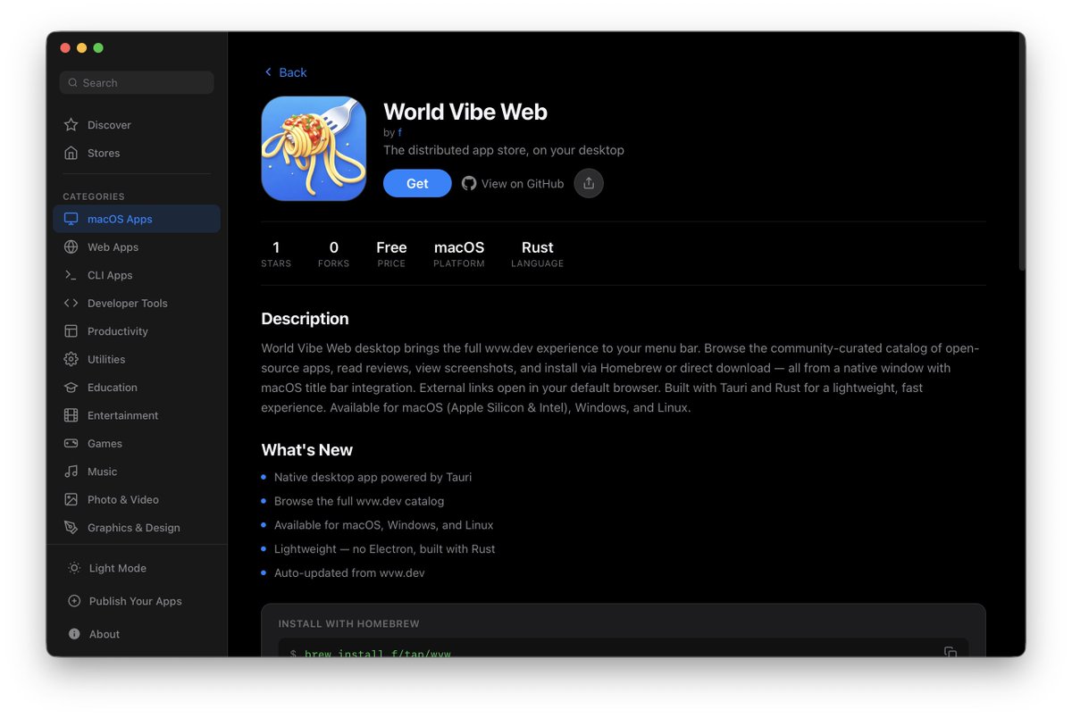 wvw.dev has its own desktop app now 🍝

4 MB macOS/Windows/Linux app. No browser, no Electron, just Tauri + Rust.

→ brew install f/tap/wvw

also new: clean URLs, store detail pages, AI-powered PR review bot for new submissions, PWA. Installable on Chrome &amp; iOS.