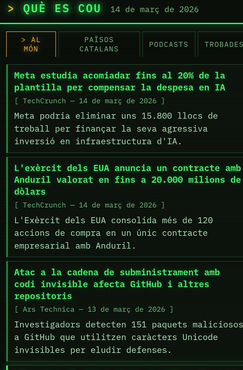 He creat una petita pàgina que recull les notícies tecnològiques de les últimes hores al món i Països Catalans (més de 50 mitjans). Uso AI per fer la selecció, resums i tot és generat automàticament. Espero que us sigui útil 👌🏻👇🏻 jordimas.github.io/que-es-cou/