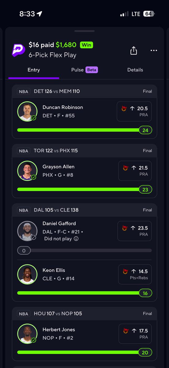 R0nababy's tweet photo. Craziest shit ever ; my friend hit this absolute monster 6 man demon slip on prizepicks yesterday from $16—>$1,680 with an original payout of $19,200 , but Gafford didn’t play. Y’all think this slip goes 6/6 if he did play? https://t.co/4WjEUhecyw