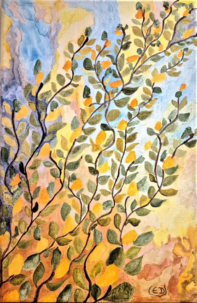 Eveline David-Valette 
edvsculpturepeinture.fr 
Automne en Normandie. 
Encres de couleur à base de gomme laque sur châssis toilé. 42 x 27 cm.
J'ai terminé aujourd’hui cette peinture commencée à l'automne, en Normandie, en plein air. De l'automne au printemps !