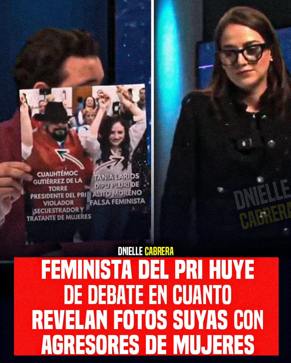 Tania.
<a href="/TaniaLariosMX/">Tania Larios</a> 
🚨 Feminista huye al recordarle que es parte de dos agresores sexu@les contra las mujeres de
Alito Moreno y Cuahutemoc Gutiérrez del PRI.