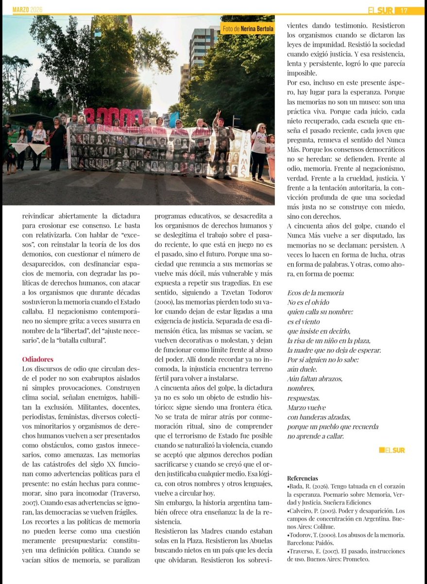 RominaSBada's tweet photo. En la Revista El Sur  salió publicado algunas reflexiones que escribí para los 50 años del golpe militar del 76. Enorme agradecimiento a Hernan Vaca Narvaja por su publicación 📘❤

#NuncaMás #RevistaDelSur #A50añosDelGolpe1976 #PasadoReciente https://t.co/QlwRBD0CzW