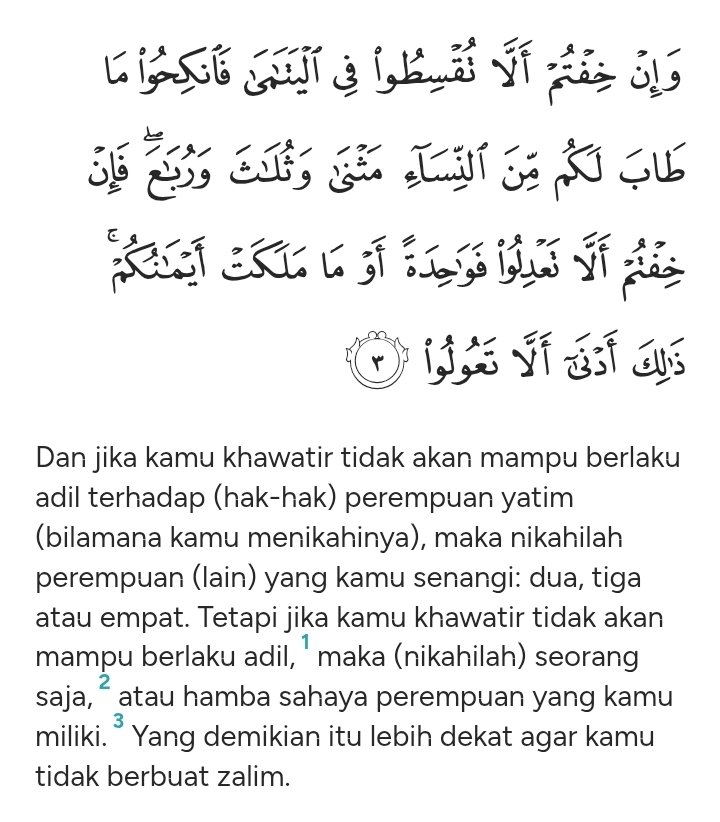 Aku suka bgt kalimat Koi di podcast Escape:

"Lu jangan anggap Islam memperbolehkan poligami itu sebagai permission, tetapi lihatlah itu sebagai restriction, karena pada masa itu orang2 jahiliyah Arab bisa punya istri puluhan, bahkan sampai ratusan."

Dan jgn lupa juga, ada