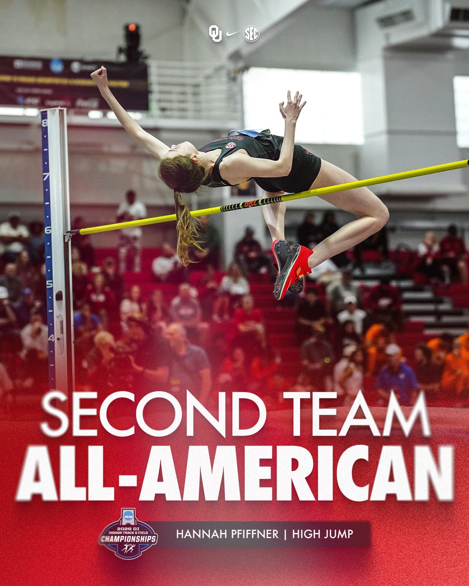 OU_Track's tweet photo. NCAA Indoor Championships | women's high jump ☝️

With her clearance of 1.80m (5'10.75"), Hannah Pfiffner finishes T-11th to secure Second Team All-America honors! https://t.co/PThBOpowIf