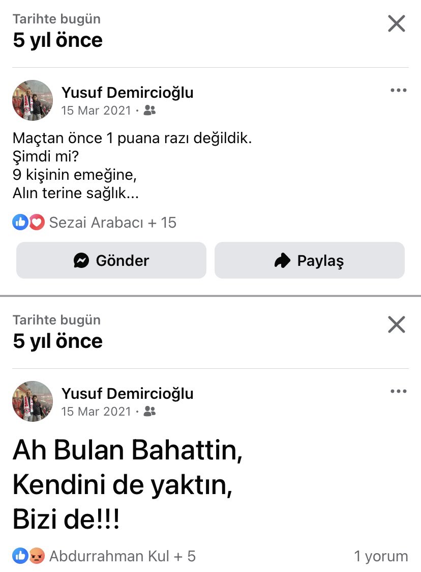 Facebook’ta tarihte bugün diye bir şey var.
Hemen her gün Samsunspor ile ilgili bir anı çıkıyor karşıma.
5 yıl önce,
Kimleri,
Neleri,
Konuşuyormuşuz,
Şimdi neler konuşuyoruz!
5 yıl içinde de,
Şampiyonlar Ligi paylaşımları yapacağız!