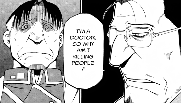 fmartoficial's tweet photo. In the manga, the Ishval Civil War arc lasts an entire volume and is one of the best in FMA, and the fact that Arakawa interviewed a WWII veteran to write it gives it even more value

It’s a shame FMAB cut, rushed, and censored so much just to fit it all into one episode https://t.co/OGb9F2NHff
