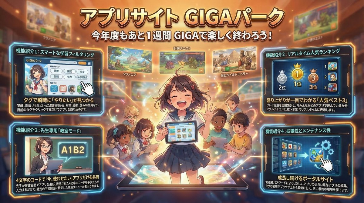 rohimotoiwaka's tweet photo. 年度末の最後の時間、「GIGA端末でクラスみんなで思いっきり楽しむ」という選択肢を忘れていませんか？

授業も一段落して、端末がただの「無言のタイピングゲーム機」になってしまうのは本当にもったいない！
年度の終わりだからこそ、最後の最後までGIGAを活用して、クラスみんなでワイワイ盛り上がってほしい。そんな強い思いから、自作アプリまとめサイト「GIGAパーク」を作りました！

これを使えば、先生がしっかり管理しながら、年度末最後までGIGAを遊び尽くすお楽しみ会がすぐに展開できます。

【受け取り方法】   
✅フォロー&この投稿をいいね   
✅この投稿をリポスト
完了後「GIGAパーク」とDM送ってください。