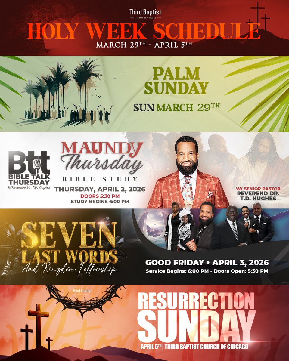 Join us at Third Baptist Church of Chicago for Holy Week, March 29–April 5, as we reflect on the journey from Palm Sunday to Resurrection Sunday.

Palm Sunday • Maundy Thursday • Good Friday • Resurrection Sunday

#HolyWeek #ResurrectionSunday #PalmSunday #GoodFriday #TBCOC