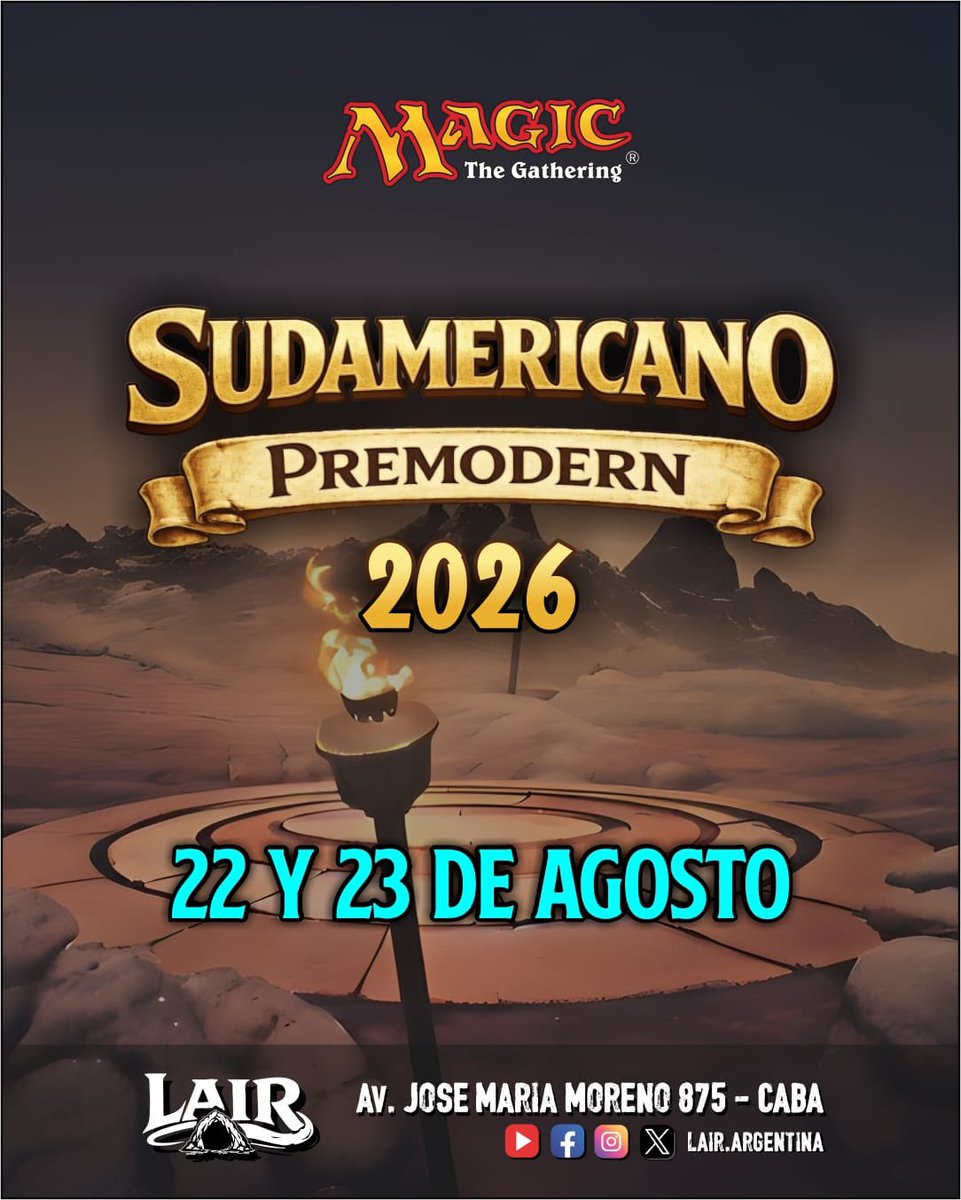 Lairargentina's tweet photo. 🔥 SUDAMERICANO PREMODERN 2026 🔥

Llega la cuarta edición del torneo de Premodern más importante de la región, con más novedades !

📅 El evento se realizará en 3 días: https://t.co/DXn0HYM5Ho