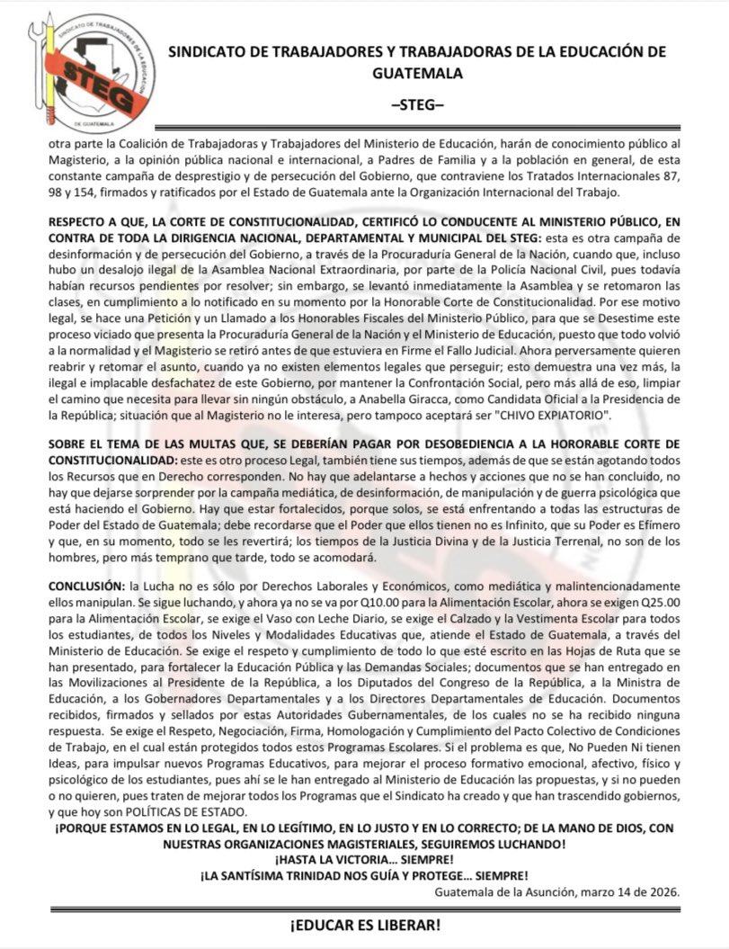 COMUNICADO 140326

Ante la Unidad y la Lucha del Magisterio Organizado, la campaña mediática del Ministerio de Educación fracasará.

steg-nacional.blogspot.com/2026/03/comuni…

#SoyMaestroSoySTEG
#JovielJovielTodosLosAfiliadosDelSTEGestanConEl