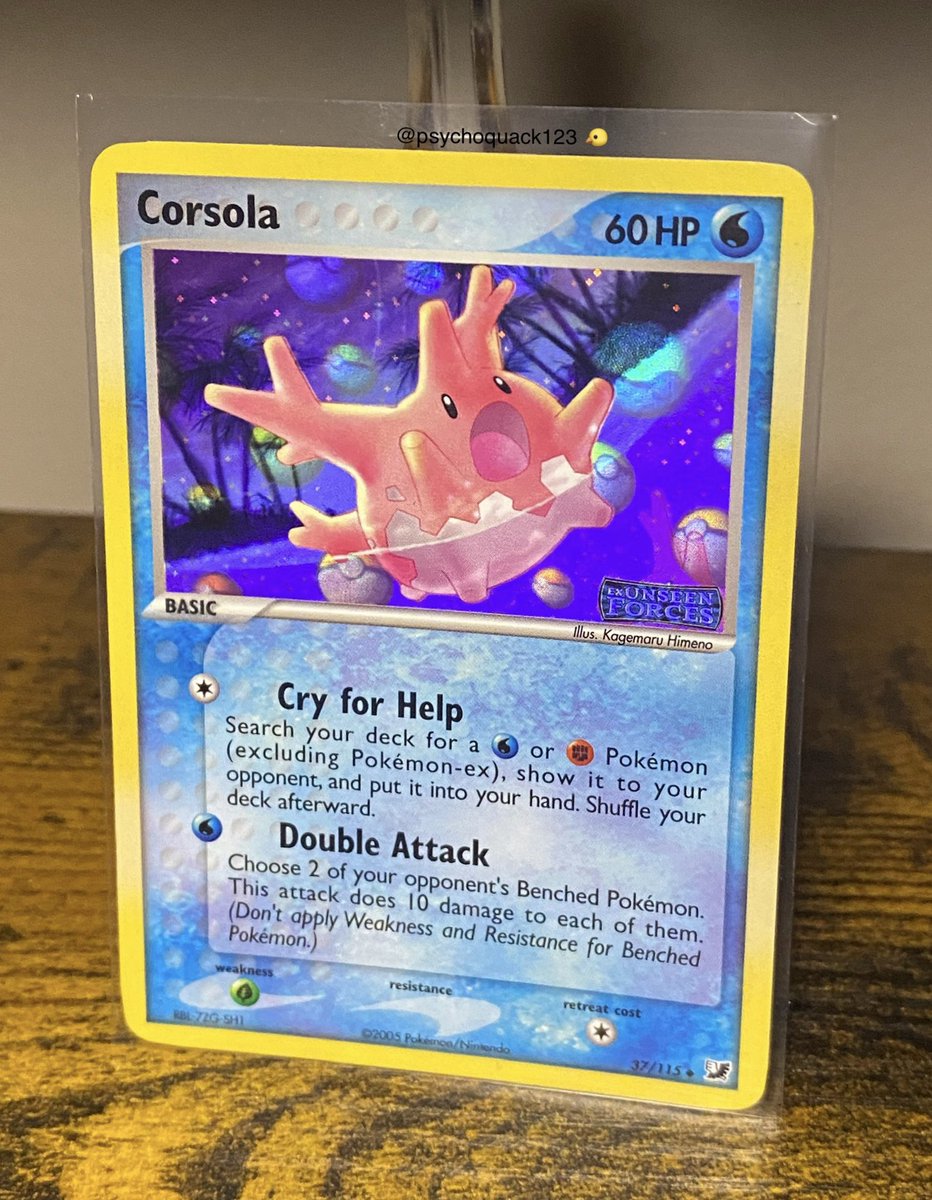 🫧 Corsola reverse holo stamp from the Pokémon TCG set EX Unseen Forces 

🐤 Absolutely love the reverse pattern in this set, this angle shows the pokeball pattern really well! Love this era of the TCG. 

💛 What is your favorite water type Pokémon from generation two?