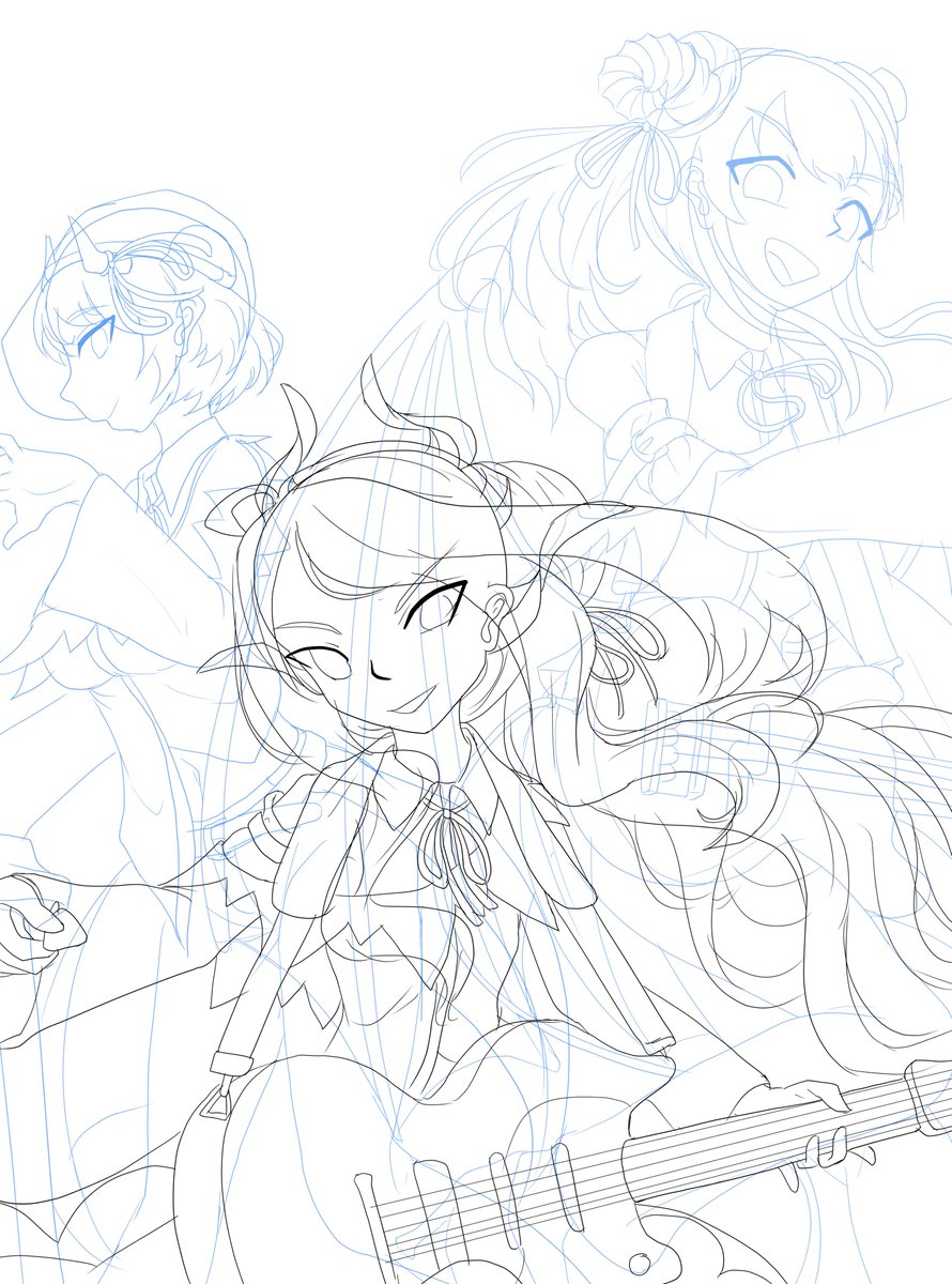 とりあえずラフまで。
そう、こう並べればいいじゃない。衣装はなんとなくガールズロックバンド風にする予定。
せっかく三人とも角があるので、角を使ったおしゃれをしてもらおうかと思ってます。うへー、時間が足りん。