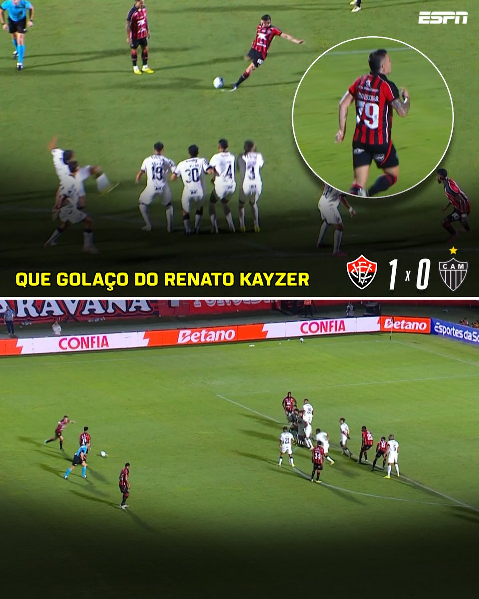 SportsCenterBR's tweet image. DE MUITO LONGE! 😱 🔥 

Renato Kayzer acertou um CHUTAÇO de muito longe em cobrança de falta e abriu o placar para o Vitória!

#FutebolNaESPN #Vitória #Golaço