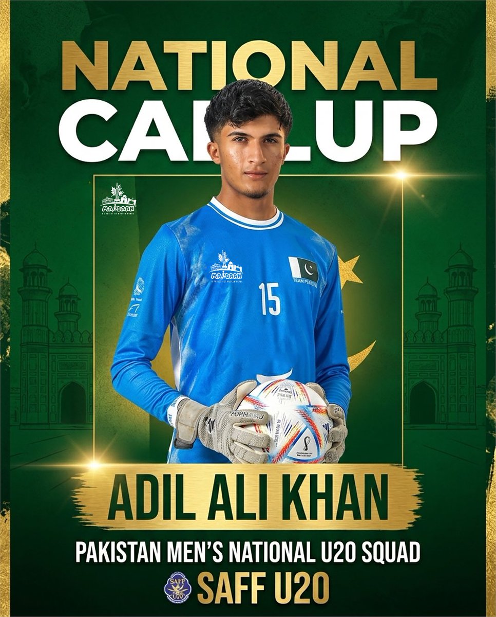 Maidaanpk01's tweet photo. Proud moment for us!
Our own Adil Ali Khan has earned a place in the Pakistan Menβs U20 squad for the upcoming SAFF U20 Championship. π΅π°β½
Wishing Sheraz and the Men in Green the very best as they represent the nation on this big stage! π
#Maidaan #PakistanFootball #IamSomebody #SAFFU20