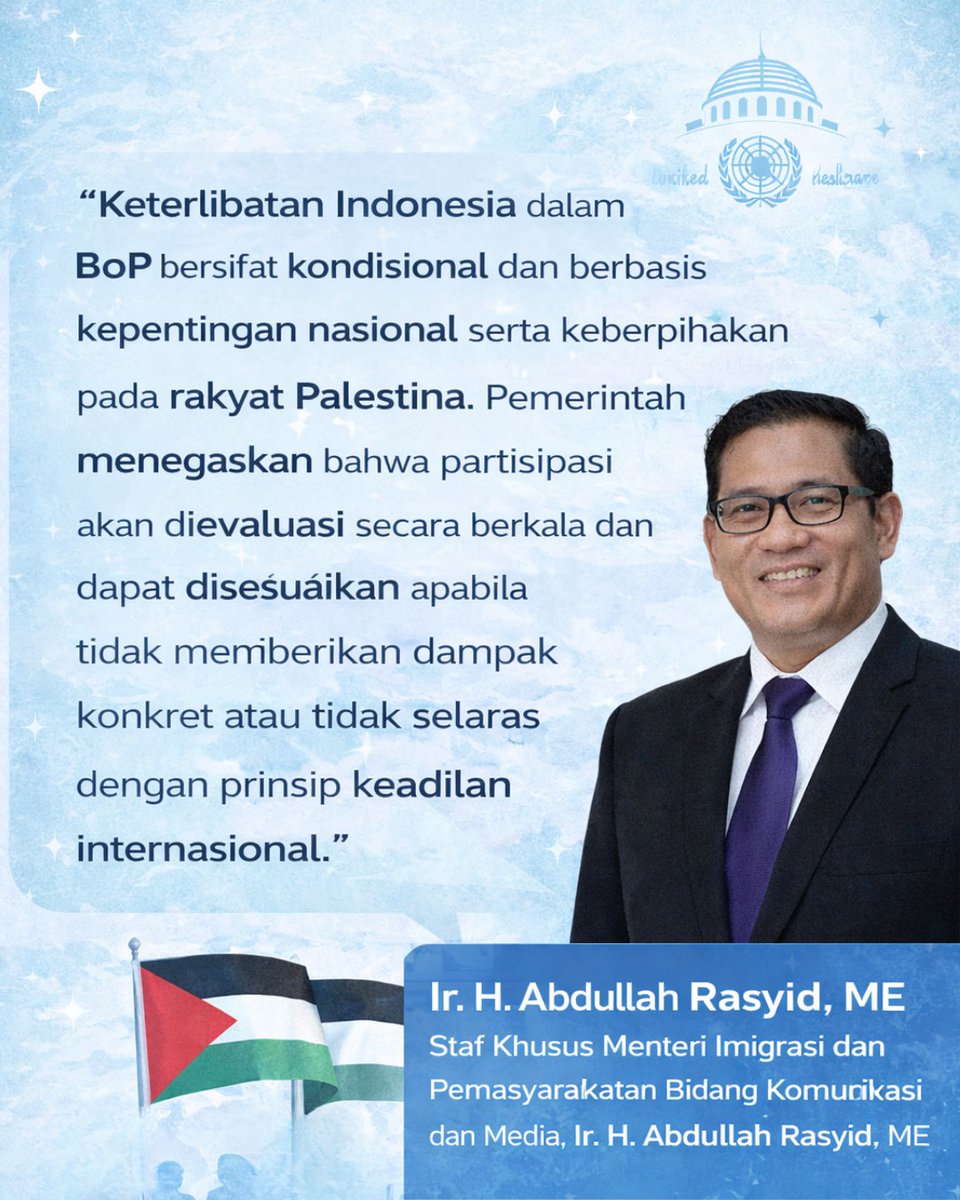 Diplomasi Indonesia di Board of Peace bukan hanya simbolis, melainkan strategi terukur untuk memperkuat dukungan nyata bagi kemerdekaan Palestina dengan memastikan setiap keterlibatan demi kepentingan nasional, keadilan internasional, dan hasil yang berdampak.
#BoP
#Amerika
#Iran