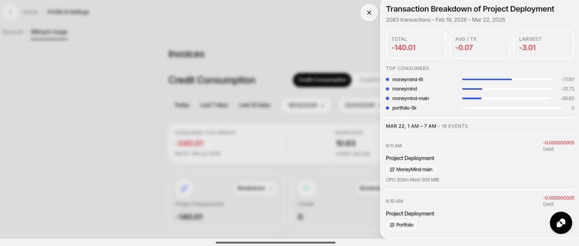 Joel_Nkonye's tweet photo. ONE TIP:

Go to Billing → Credit Consumption right now.
Check your "Top Consumers"

If you see ANYTHING at 0 credits (like my portfolio-5k), that's proof you CAN pause things.

Kill what you're not using. Every idle app = wasted credits. https://t.co/estopYvpSZ