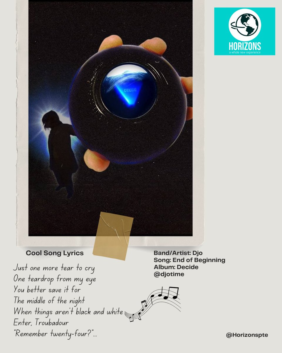 Horizonspte's tweet photo. #CoolSongLyrics Practice your listening skills with great songs and good lyrics. #Music is the essence of life and a great way to practice your English too! You're welcome. Now, sing along! #Djo @djotime #EndofBeginning #Decide #English https://t.co/xMWrwFvzq4