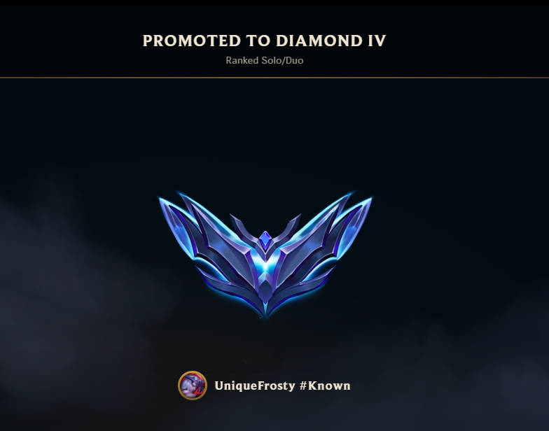 FrostyedV3's tweet photo. only been playing league about 3 years but i finally got it done, i was able to hit d4 with a 55% WR, i know i can still improve majorly and potentially hit masters which would be so amazing. Just know this isnt the end. https://t.co/IKQ0yO8sXw