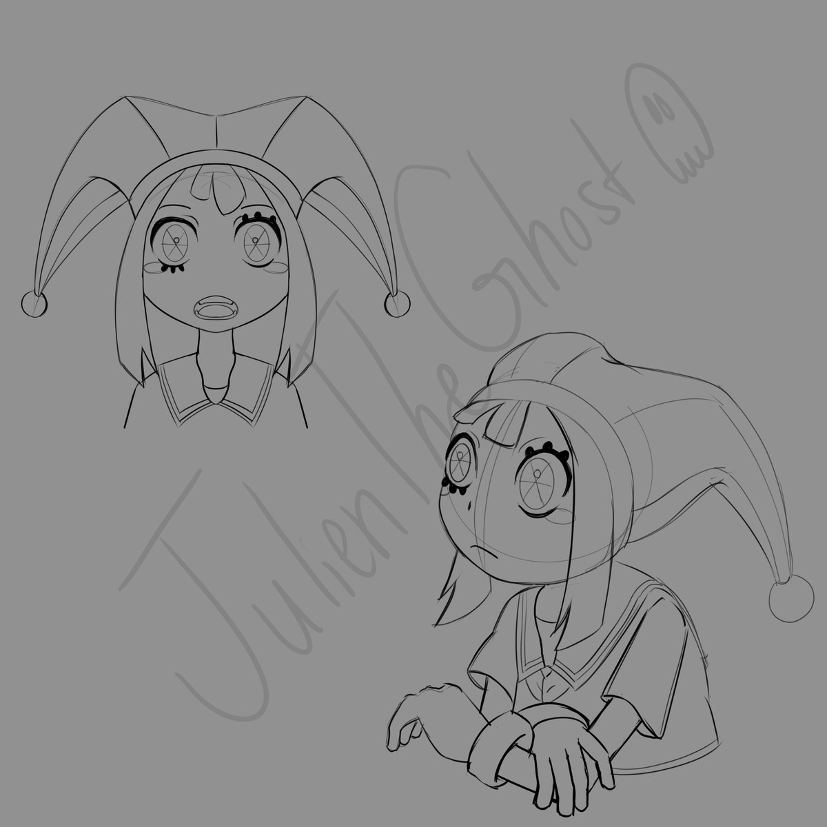 Re-watched TADC today and couldn't help but draw Pomni in the anime style - Might work more on this later but here are my sketches thus far :3