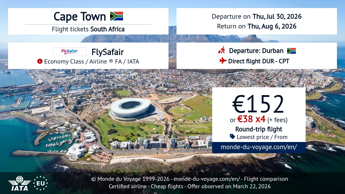 Monde_du_Voyage's tweet image. FlySafair deal ✈️ Durban → Cape Town round-trip, nonstop for only **152€** 🤩 Cheap flight, discount fare, promo &amp;amp; low price! Payment in **3X or 4X** available 💳 #FlySafair #CheapFlights #FlightDeal #CapeTown #Durban #TravelDeal2026 monde-du-voyage.com/en/south-afric…