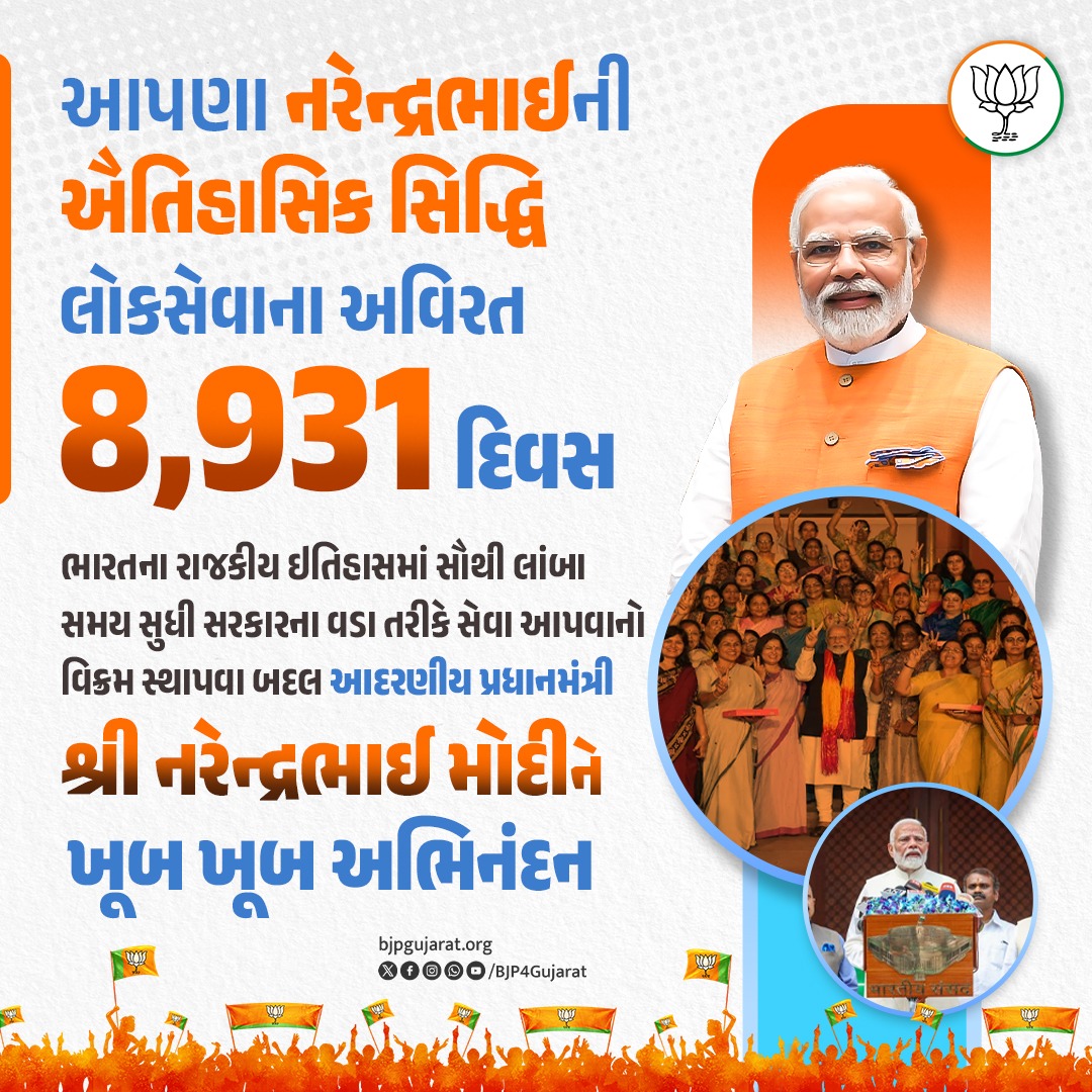 ગુજરાતના પનોતા પુત્ર અને ભારતના યશસ્વી પ્રધાનમંત્રી શ્રી <a href="/narendramodi/">Narendra Modi</a> જીને સરકારના વડા તરીકે સૌથી લાંબો સમય સેવા આપવાનો વિક્રમ સ્થાપવા બદલ ખૂબ ખૂબ અભિનંદન.

#PradhanSevakModi