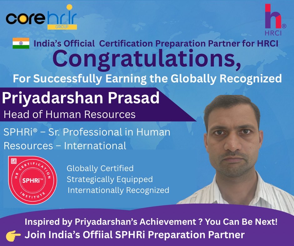 CoreHrir's tweet photo. Congrats Priyadarshan Prasad on earning SPHRi™ 🎓👏

Proud to support his journey as CPP of HRCI. Proof that with the right guidance, global HR excellence is achievable. 🚀

🌐 https://t.co/f2UVH8AJR9

#hrci #corehrir #nhrdn #SPHRi #GlobalHR https://t.co/6kqmmejBoX