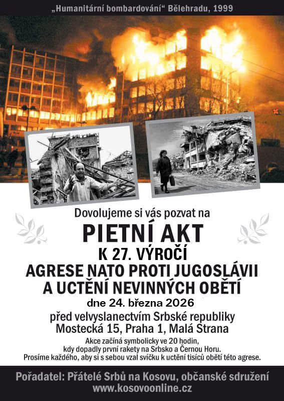 milankrajcacz's tweet photo. 🏴 Připomeňme si výročí zločinné agrese paktu NATO proti Jugoslávii a uctěme památku jeho obětí...
👉 Pietní akt pořádá spolek Přátelé Srbů na Kosovu 24. března ve 20.00 před velvyslanectvím Srbské republiky.
#nato #jugoslavie #srbsko #agrese #vyroci #velvyslanectvi #ambasada https://t.co/bBhY6FoauA