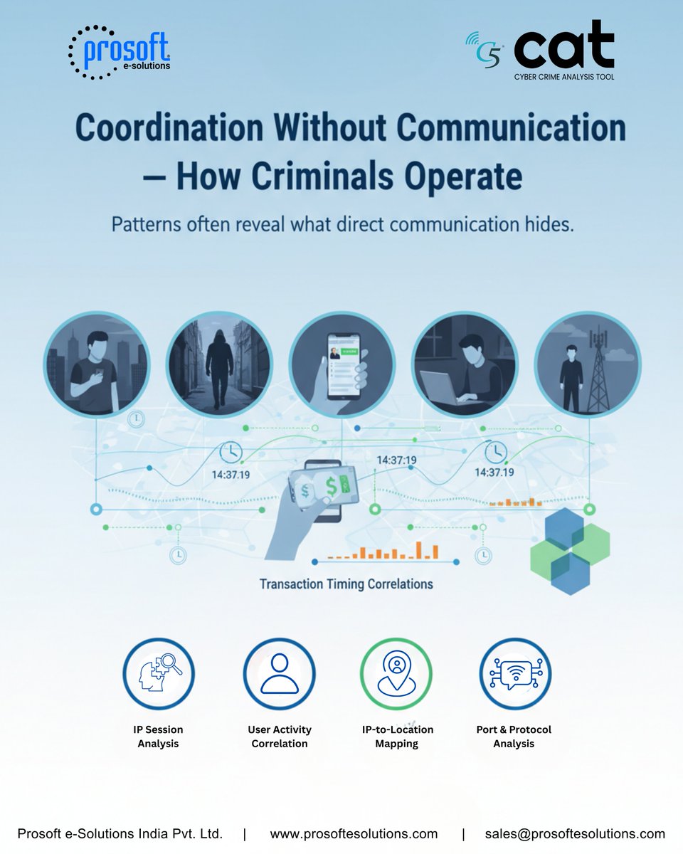 ProsoftPvtLtd's tweet photo. Not all coordination is visible.

Criminals often operate through hidden digital activity.

With C5 CAT, uncover insights using:
• IP Session Analysis
• User Activity Correlation
• IP-to-Location Mapping
• Port & Protocol Analysis
Turn digital footprints into intelligence.
🌐 https://t.co/6mkb79dgoB
#CyberCrime #IPDR #CyberInvestigation #DigitalForensics #C5CAT #CyberSecurity
