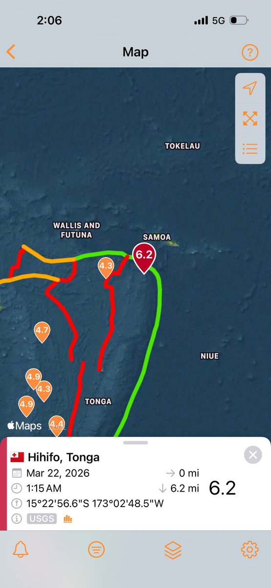 SeismoTracker's tweet image. Major #Earthquake Breaking News:

A magnitude 6.2 has struck 102 Km ( 63.38 Mi) NE of Hihifo, #Tonga

Magnitude: 6.2
Epicenter location: 15.382°S 173.047°W
Time: 2026-03-22 06:15:36 UTC
Depth: 10.0 Km ( 6.21 Mi) 
Intensity: IV 
Estimated Fatalities: Green 99%
Estimated Economic