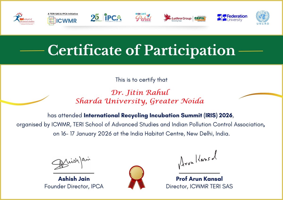 JitinNature's tweet photo. Honored to attend the  International Recycling Incubation Summit at India Habitat Centre, New  Delhi (Silver Oak, IHC) on 16–17 January 2026 as a Special Delegate. https://t.co/hHdL7hNFPI