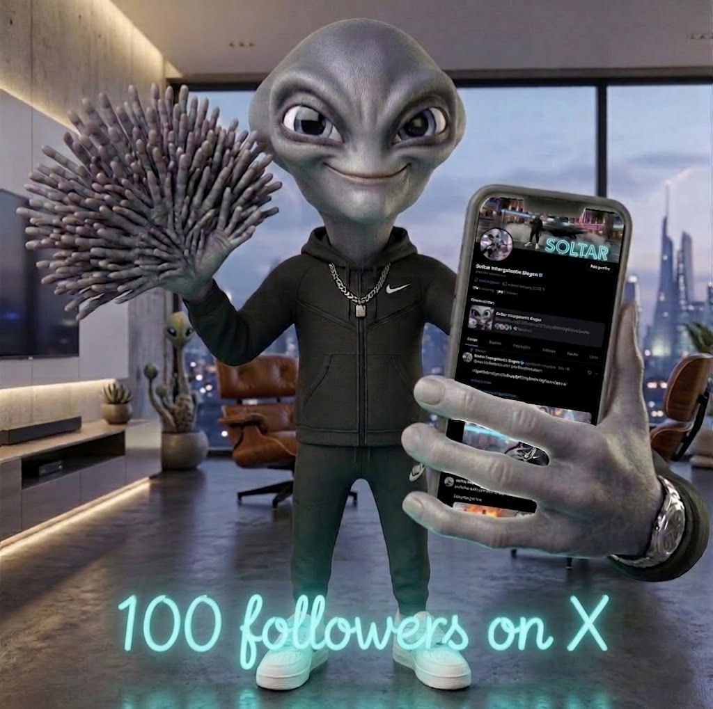 soltarfromspace's tweet photo. 100 followers on X now ready for the intergalactic takeover 👽 https://t.co/NodSaQVEJ0