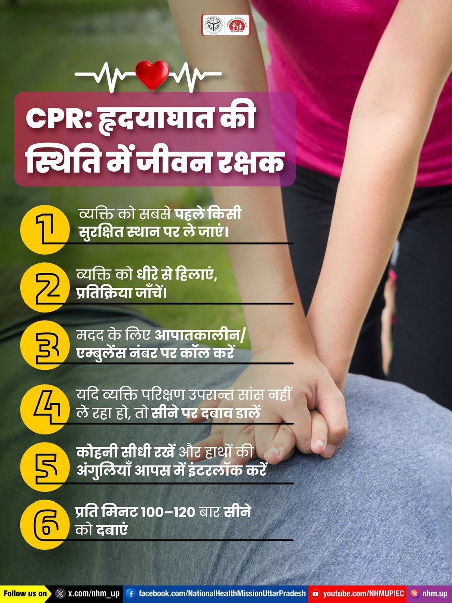 nhm_up's tweet image. क्या आप जानते हैं, आपका एक सही कदम किसी की ज़िंदगी बचा सकता है?👐
सीपीआर सीखें, वक्त पड़ने पर किसी की जान बचाएं। ⏱️🩺
CPR | lifesaving | emergency | awareness | health
#CPRTraining #SaveLives   #LifeSaver #NHMUP