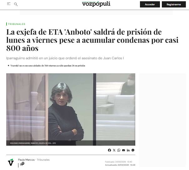 <a href="/AlejandroCence2/">Alejandro Cencerrado</a> Esta es Maria Soledad Iparraguirre Genechea, alias "Anboto"...Responsable y condenada por 14 asesinatos. 14 asesinados con sus madres españolas.
Si el PSOE estuviera en el Gobierno, hoy quedaría en libertad...